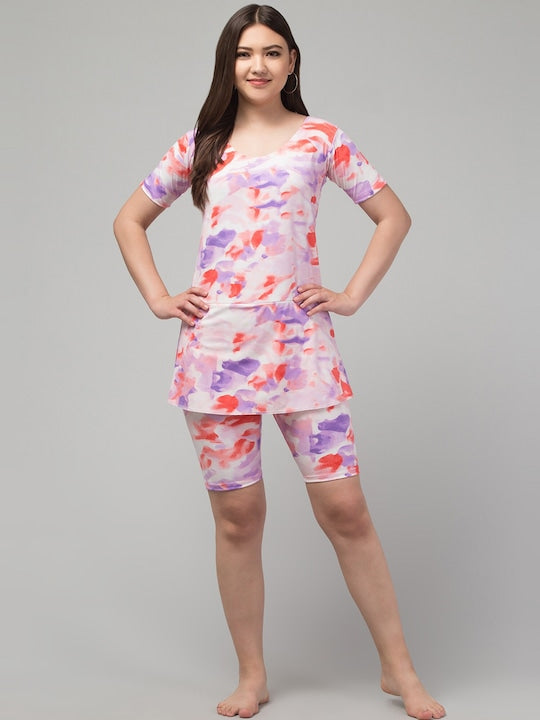 Abstract Printed Scoop Neck Swimdress With Attached Shorts