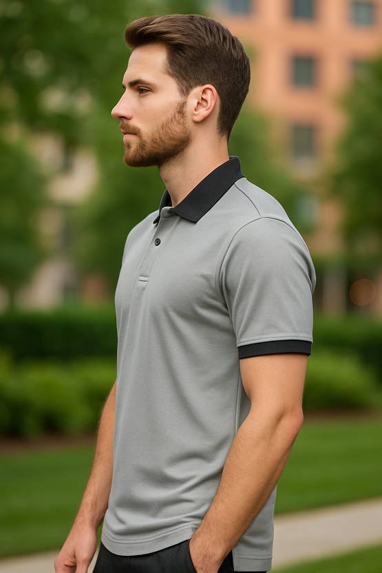 Men Polo Neck Grey T-Shirt