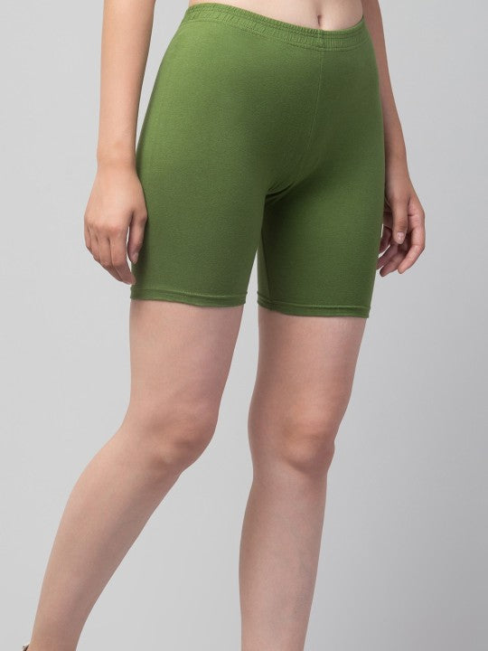 Women Solid Dark Green Mid-Rise Gym Short