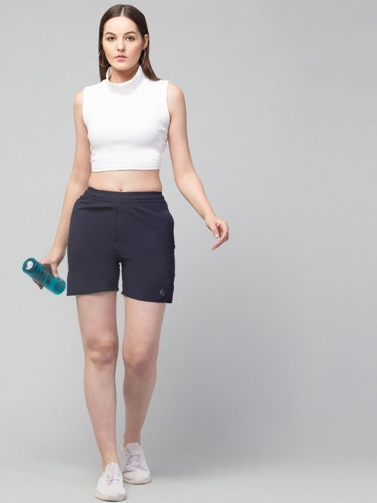 Women Solid Navy Blue E-Dry Technology Yoga Sports Shorts