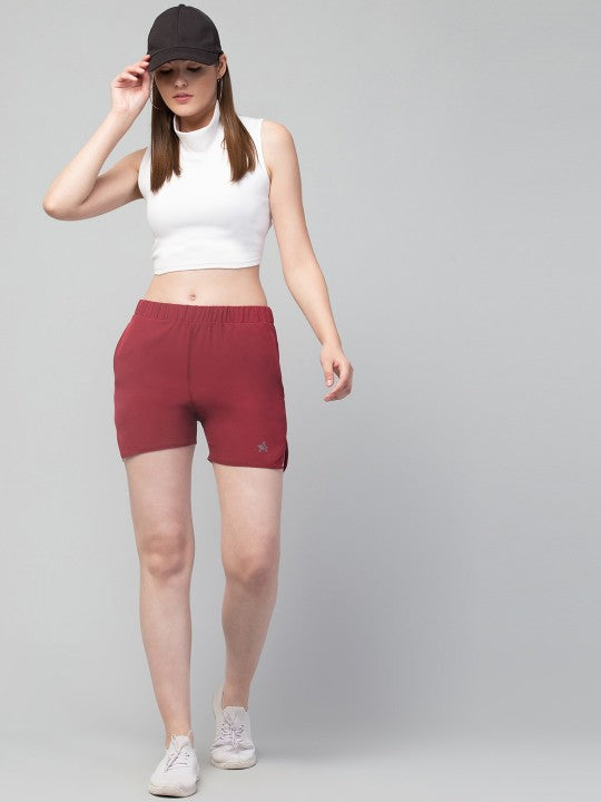 Women Solid Maroon E-Dry Technology Yoga Sports Shorts