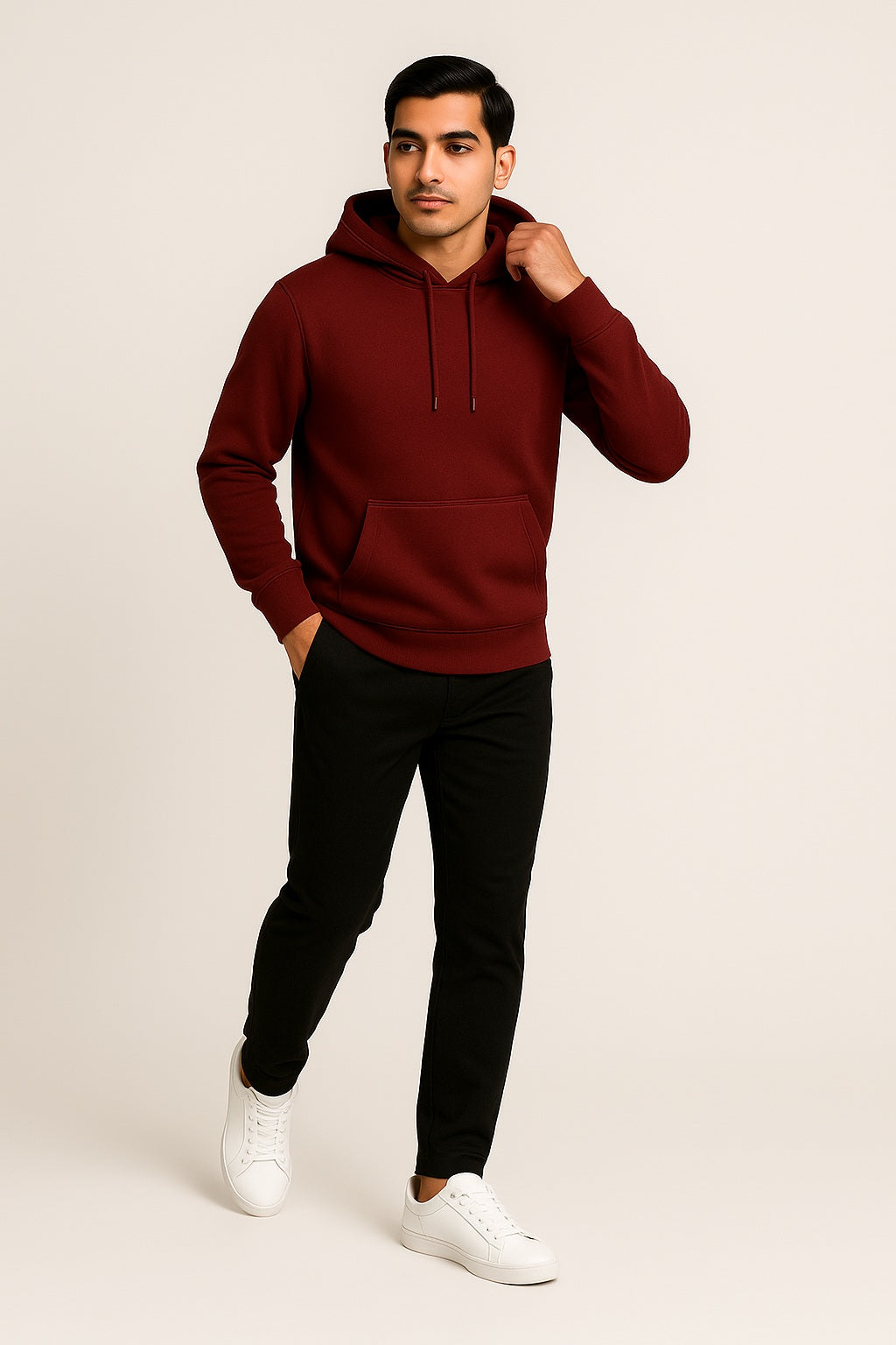 Men Hooded Long Sleeves Maroon  Sweatshirt