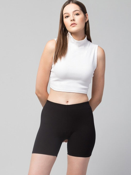 Women Solid Black  Mid-Rise Gym Short