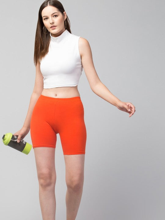 Women Solid Dark Orange Mid-Rise Gym Short
