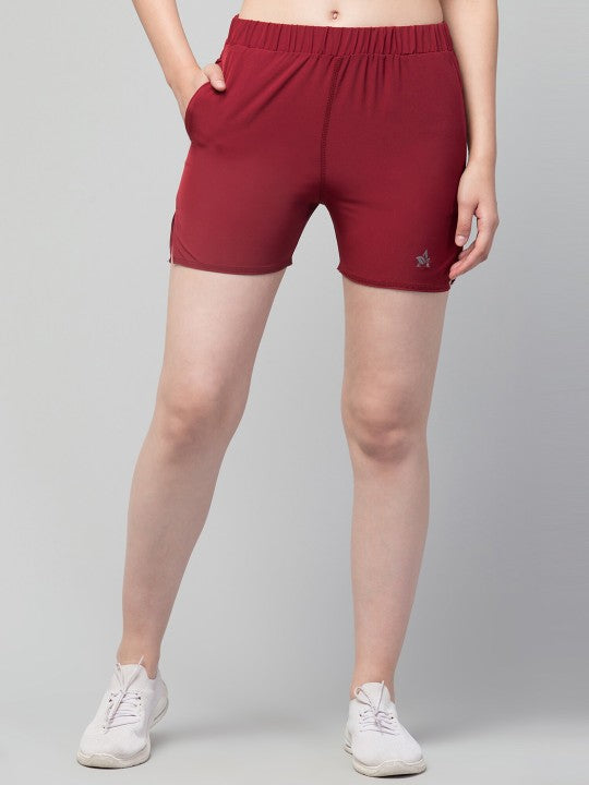 Women Solid Maroon E-Dry Technology Yoga Sports Shorts