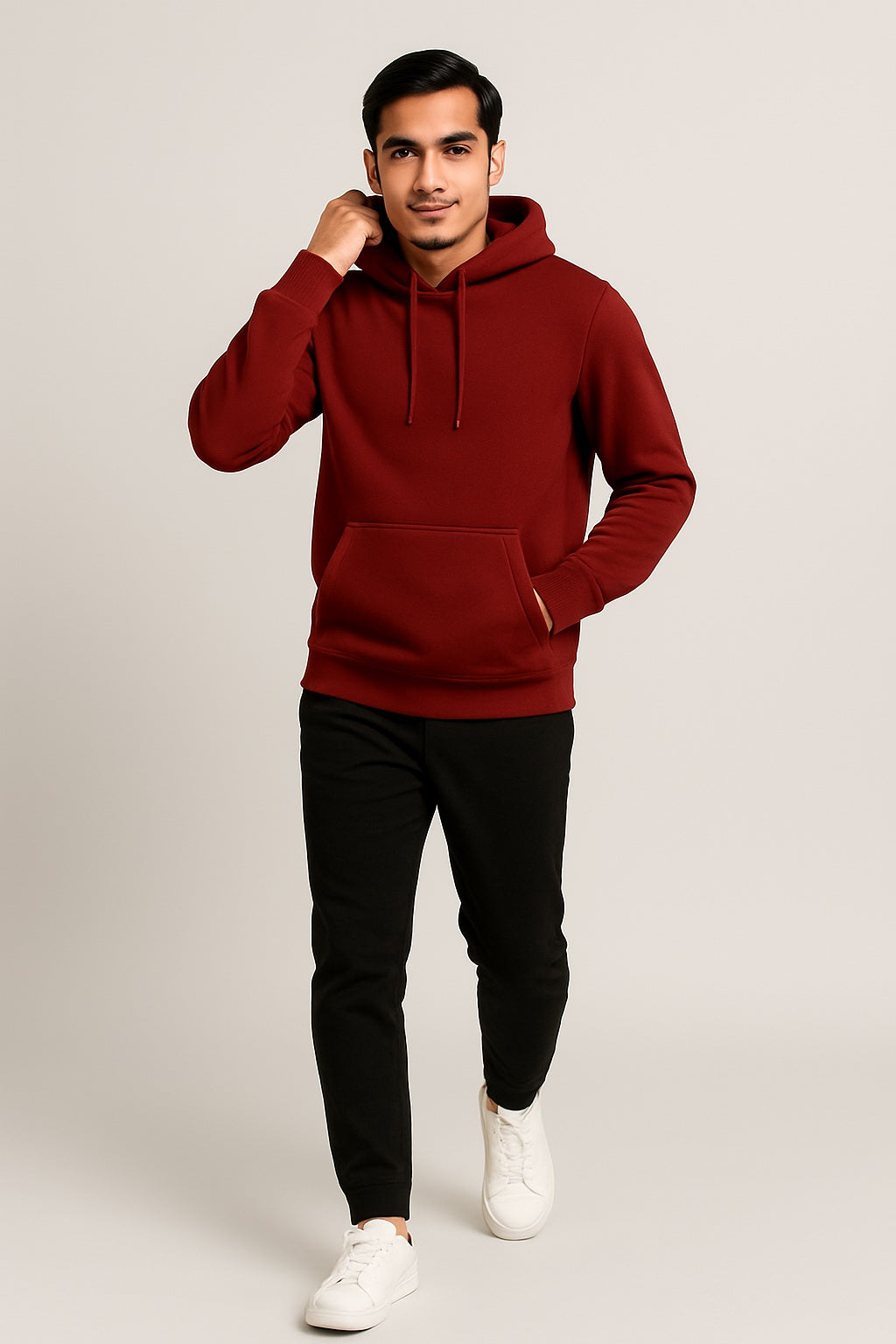 Men Hooded Long Sleeves Maroon  Sweatshirt