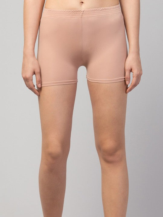 Women Solid Beige Mid-Rise Gym Shorts