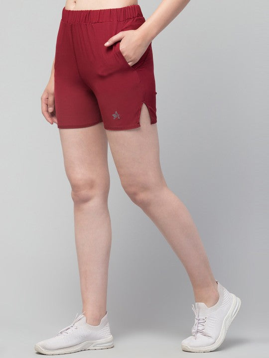 Women Solid Maroon E-Dry Technology Yoga Sports Shorts