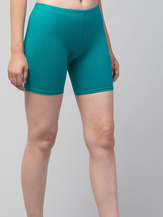 Women Solid Rama Green Mid-Rise Gym Short