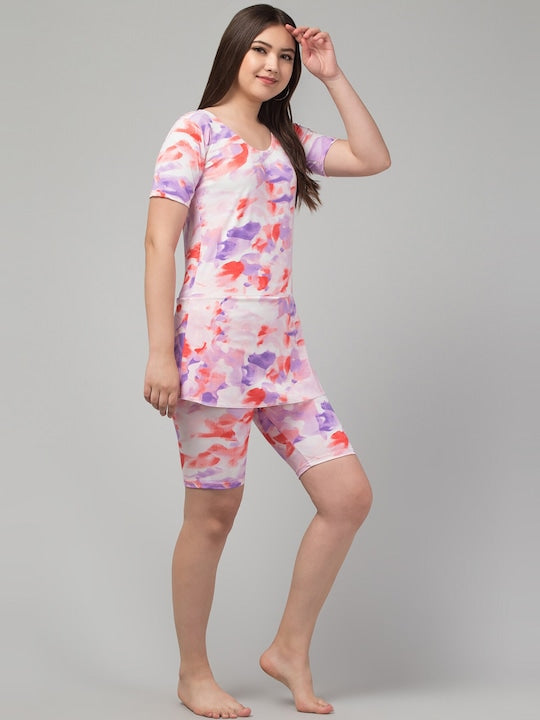 Abstract Printed Scoop Neck Swimdress With Attached Shorts