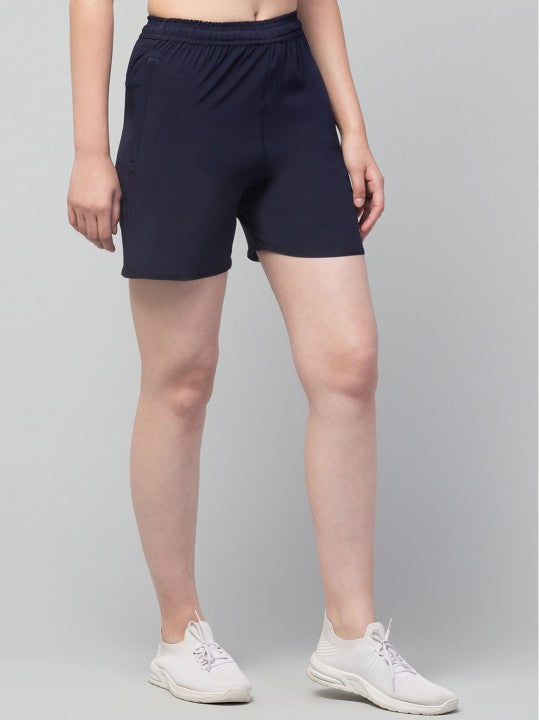 Women Solid Navy Blue E-Dry Technology Yoga Sports Shorts