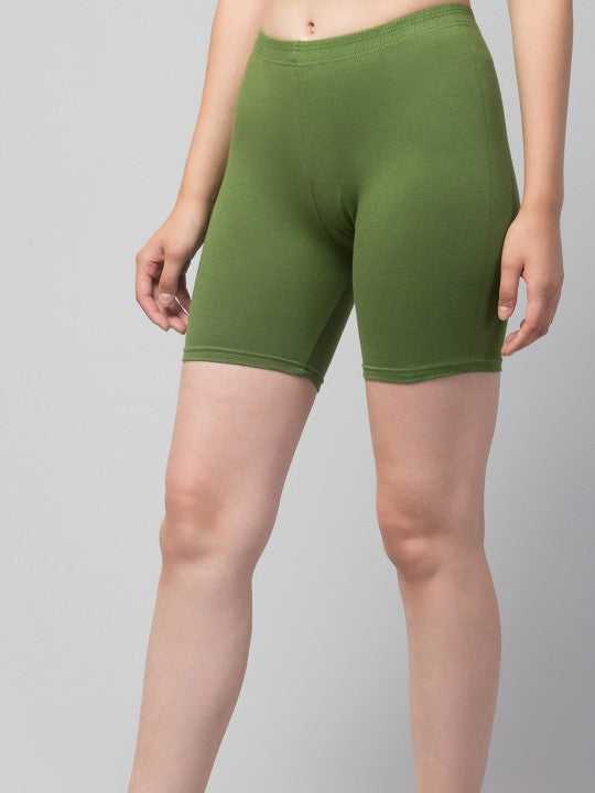 Women Solid Dark Green Mid-Rise Gym Short