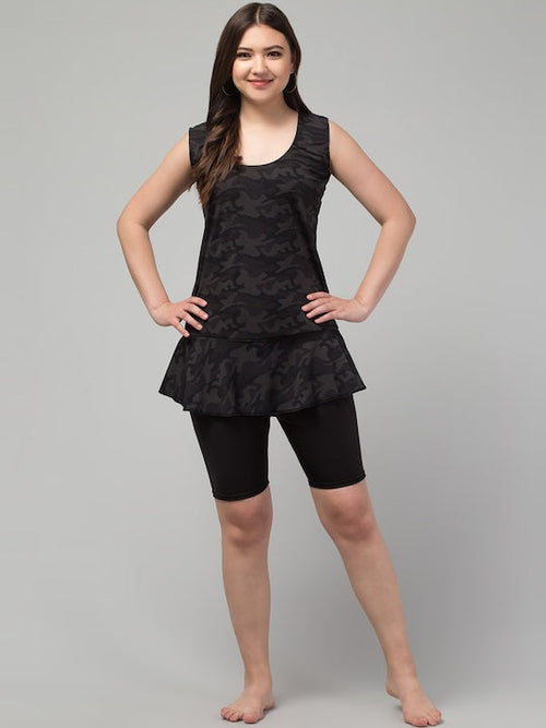 Abstract Printed Swimming Dress With Attached Shorts