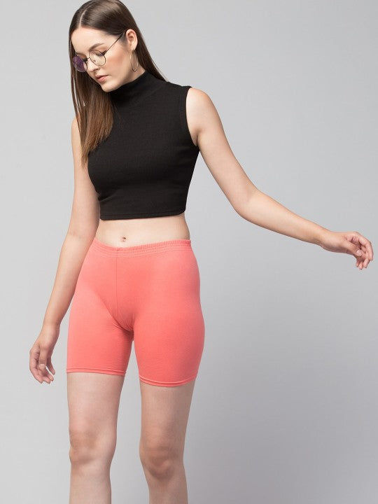 Women Solid Peach Mid-Rise Short