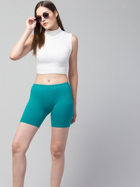 Women Solid Rama Green Mid-Rise Gym Short