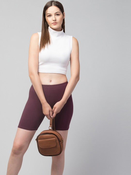 Women Solid Dark Maroon  Mid-Rise Gym Short