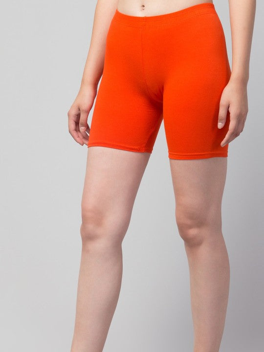 Women Solid Dark Orange Mid-Rise Gym Short