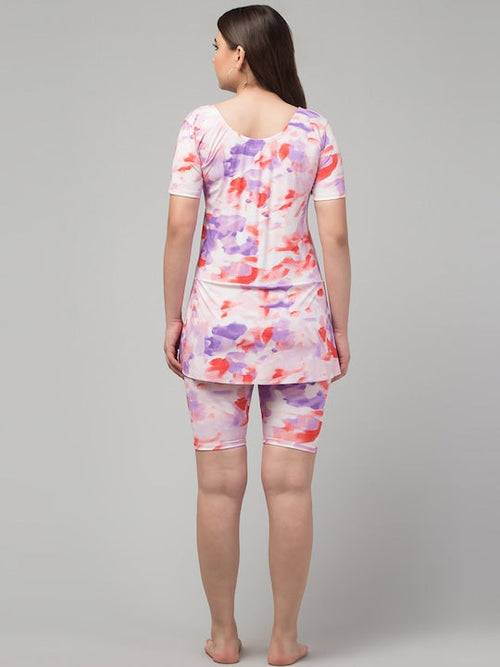 Abstract Printed Scoop Neck Swimdress With Attached Shorts