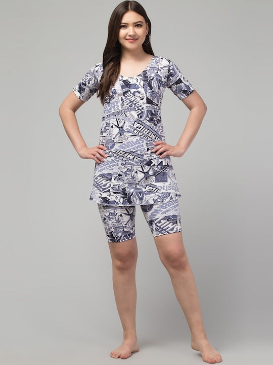 Printed Swimming Dress With Attached Shorts