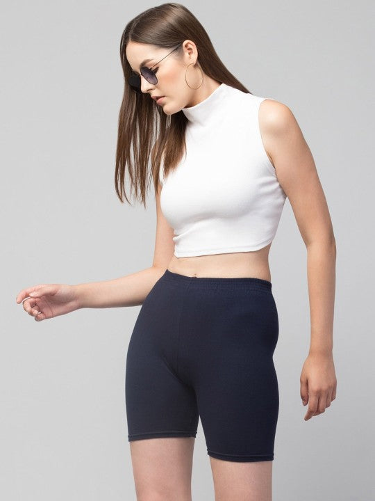 Women Solid Navy Blue Mid-Rise Gym Short