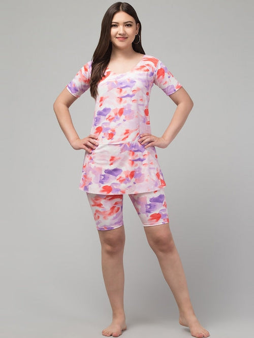 Abstract Printed Scoop Neck Swimdress With Attached Shorts