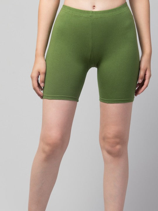 Women Solid Dark Green Mid-Rise Gym Short