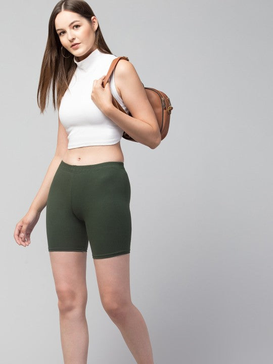Women Solid Olive Mid-Rise Short