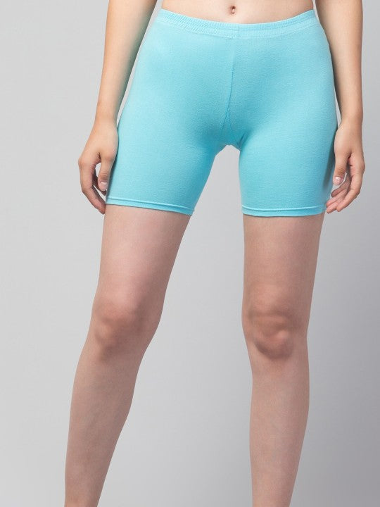 Women Solid Turquoise Blue Mid-Rise Short