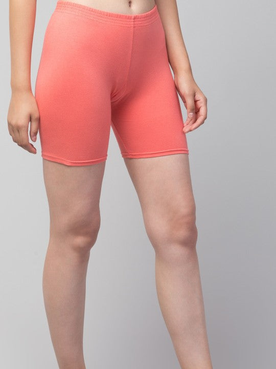 Women Solid Peach Mid-Rise Short