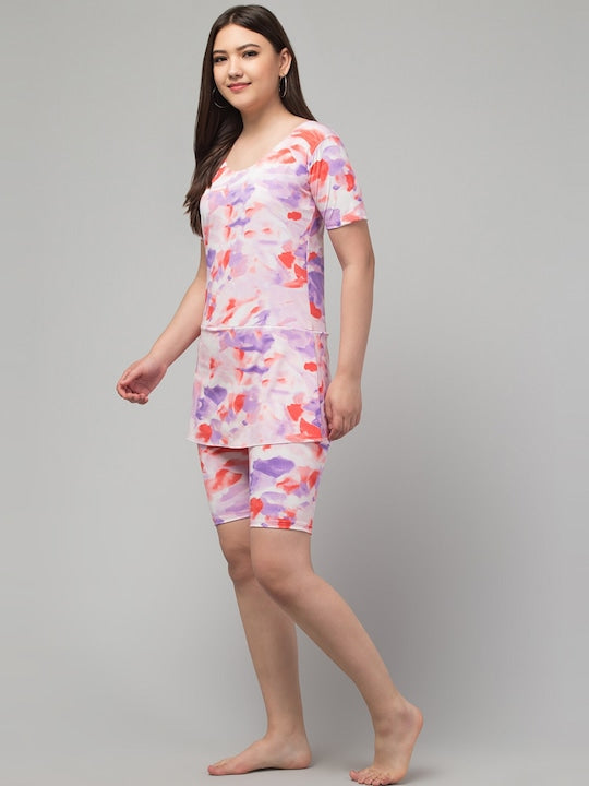 Abstract Printed Scoop Neck Swimdress With Attached Shorts