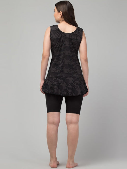 Abstract Printed Swimming Dress With Attached Shorts