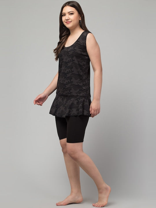 Abstract Printed Swimming Dress With Attached Shorts