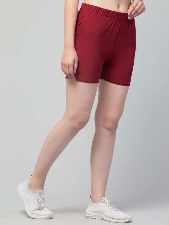Women Solid Maroon E-Dry Technology Yoga Sports Shorts